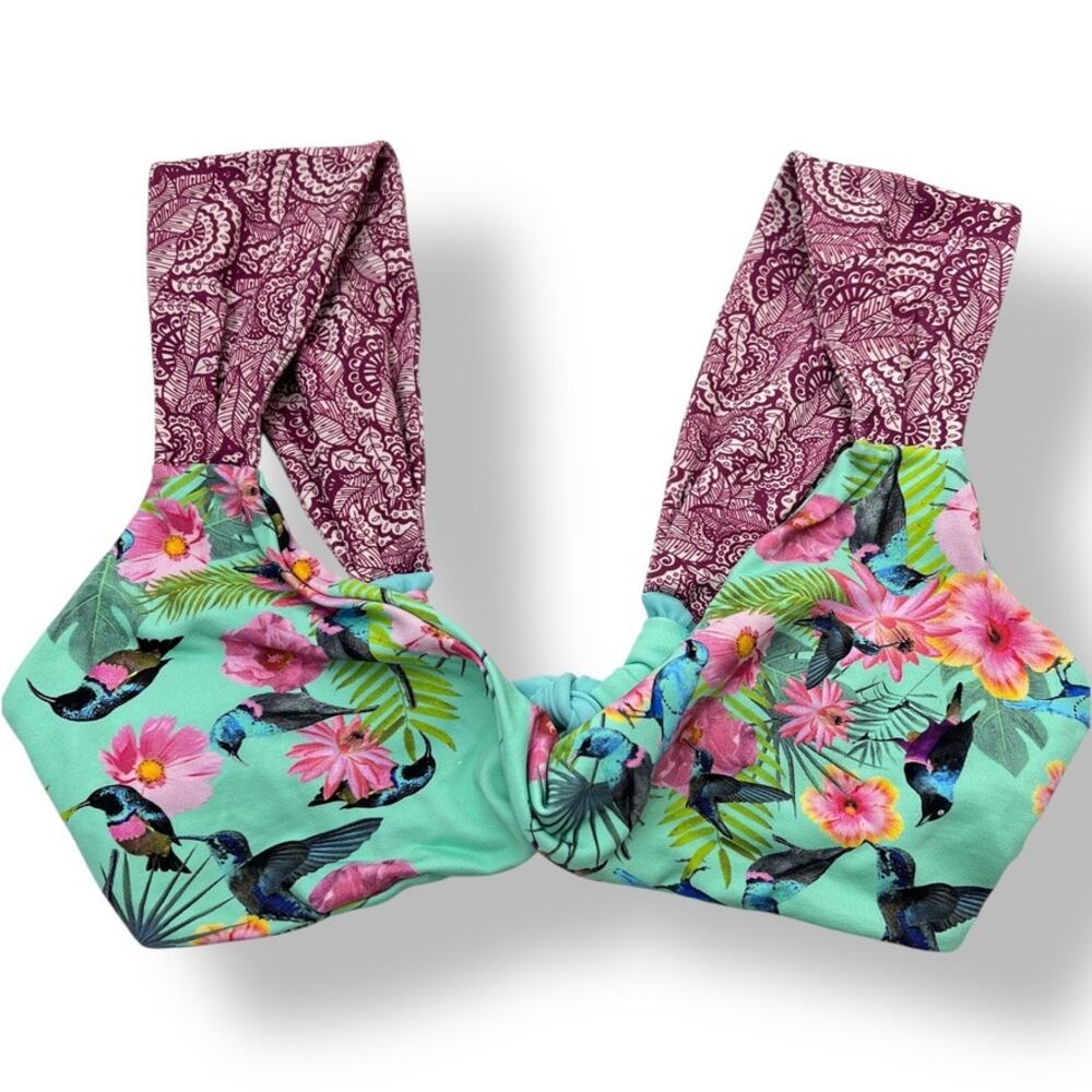 Malai Twist Front Bikini Top‎ Thick Straps Humingbird Hawaiian Print Women's L